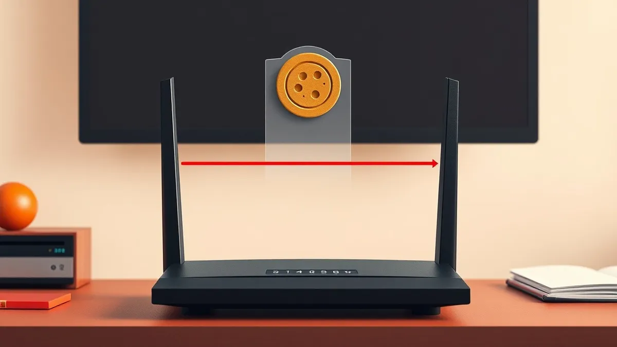 Illustration: A sleek black router sits on a desk, its small screen displaying only abstract geometric shapes.