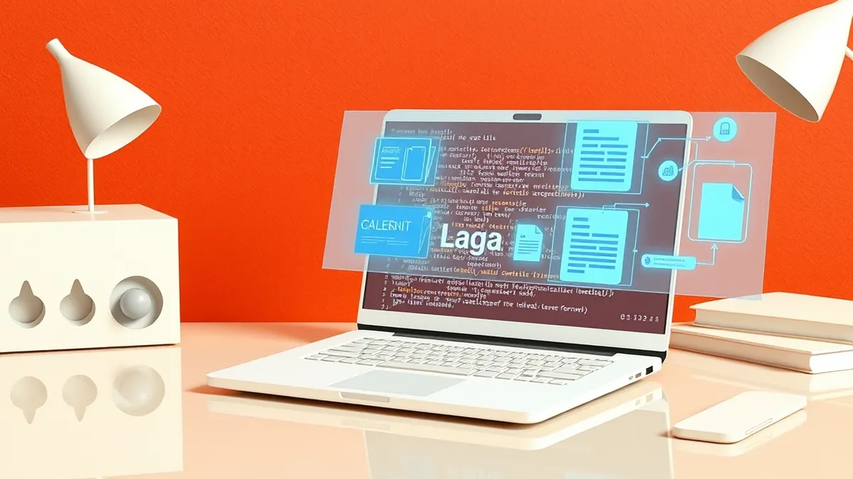 Illustration: A sleek white laptop sits on a polished desk, its screen displaying a dense block of abstract code symbols.