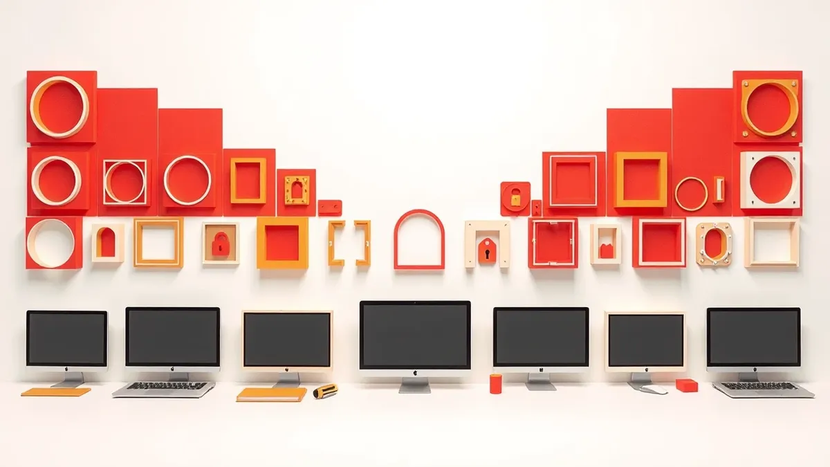 Illustration: Thirteen distinct geometric frameworks float in a clean white space, each composed of interlocking rings and solid blocks representing different security standards.
