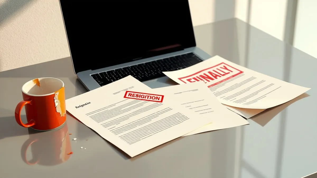 Illustration: Three blank resignation letters lie scattered on a sleek office desk next to a shattered coffee mug.