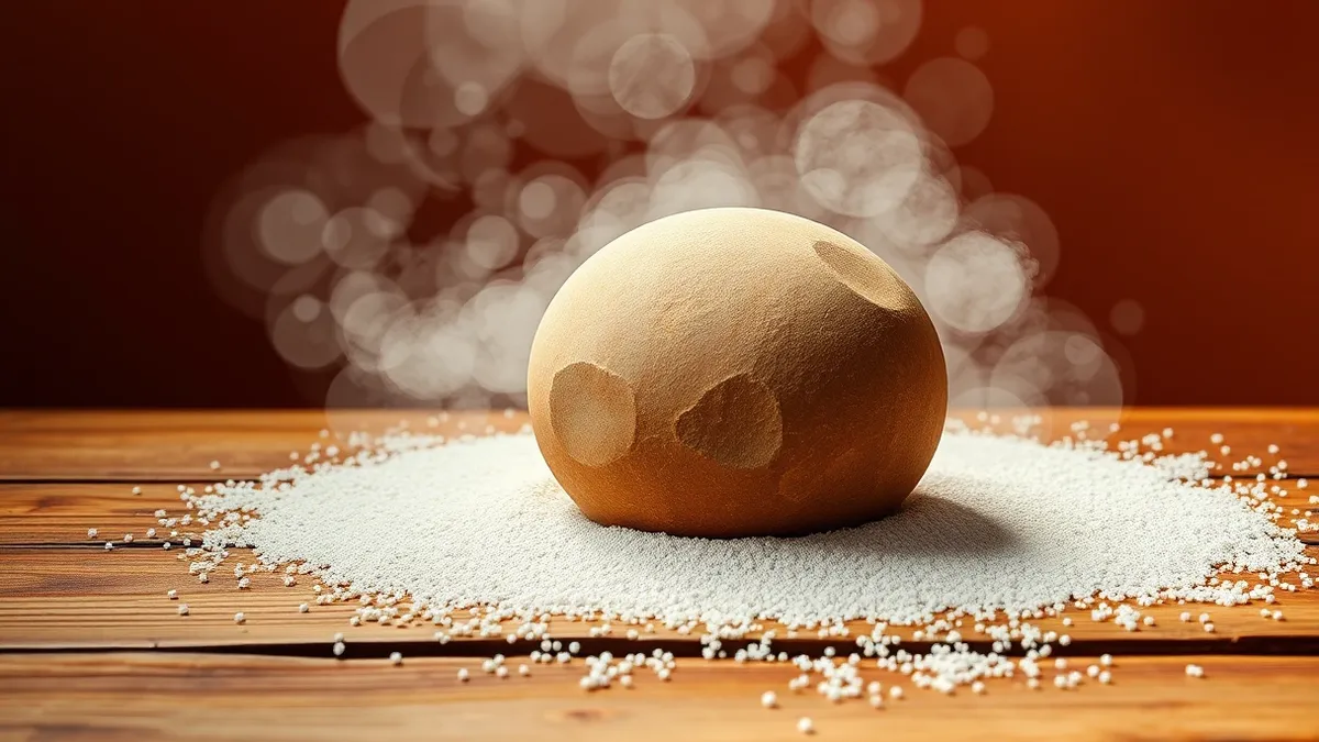 Illustration: A smooth stone sphere sits on a weathered wooden table, surrounded by scattered white sand grains that blur its edges.