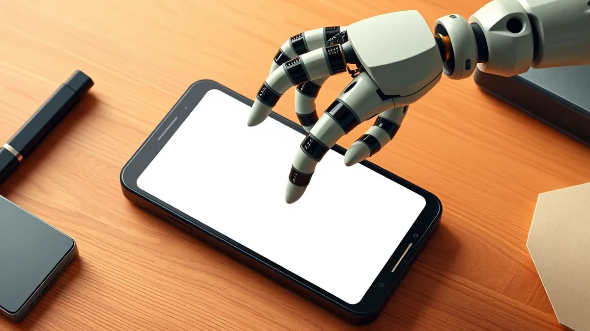 Illustration: A sleek black smartphone rests on a wooden desk while a robotic arm independently taps its blank screen.