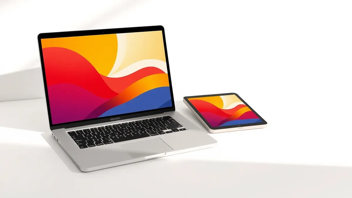 Illustration: A sleek silver laptop and a small tablet rest on a clean white surface.