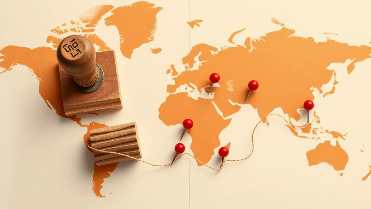 Illustration: A weathered wooden stamp rests on a blank map marked by five distinct pins.
