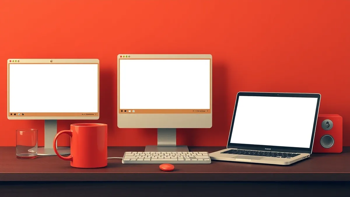 Illustration: Three distinct software application windows float above a dark wooden desk, each displaying a blank white canvas with simple geometric shapes.