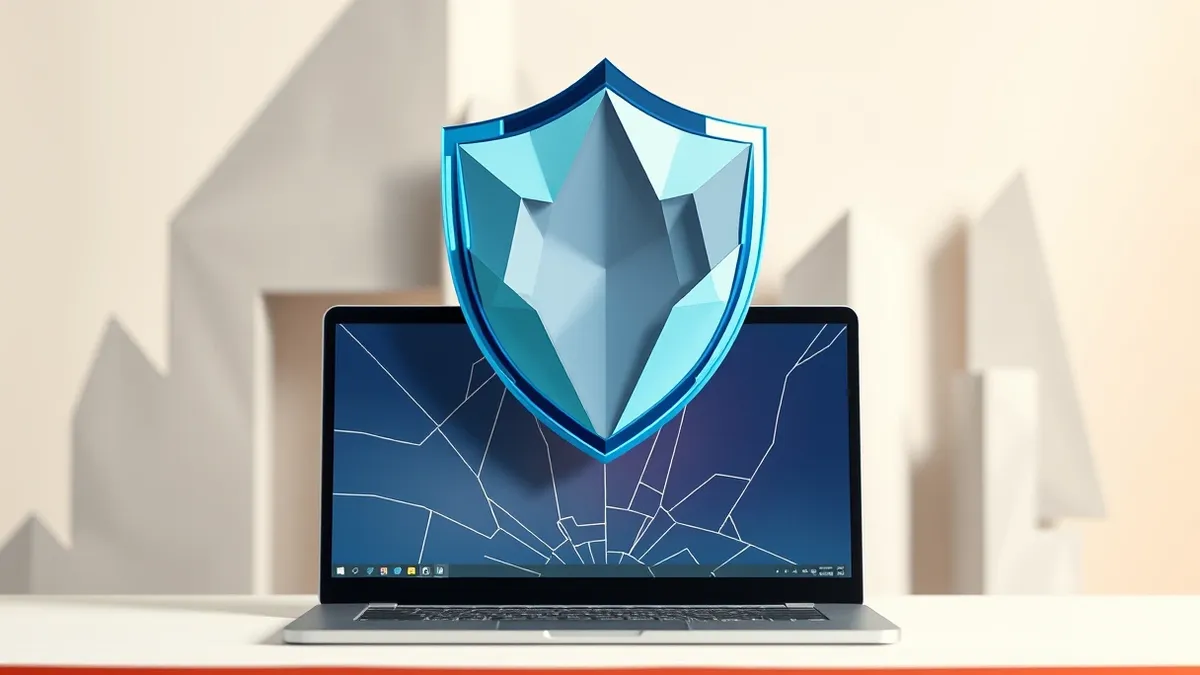 Illustration: A sleek, translucent blue shield with sharp geometric facets hovers above a fragmented, cracked glass pane representing a desktop interface.