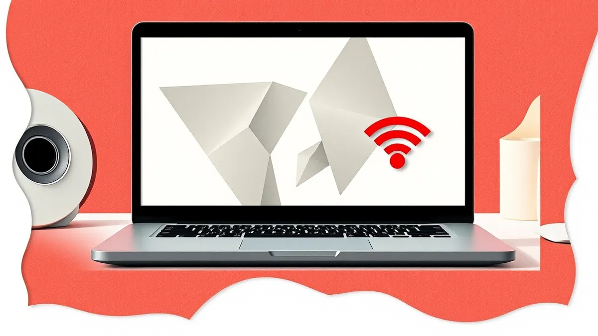 Illustration: A sleek black laptop sits open on a clean white desk, its screen displaying only abstract grey geometric shapes.