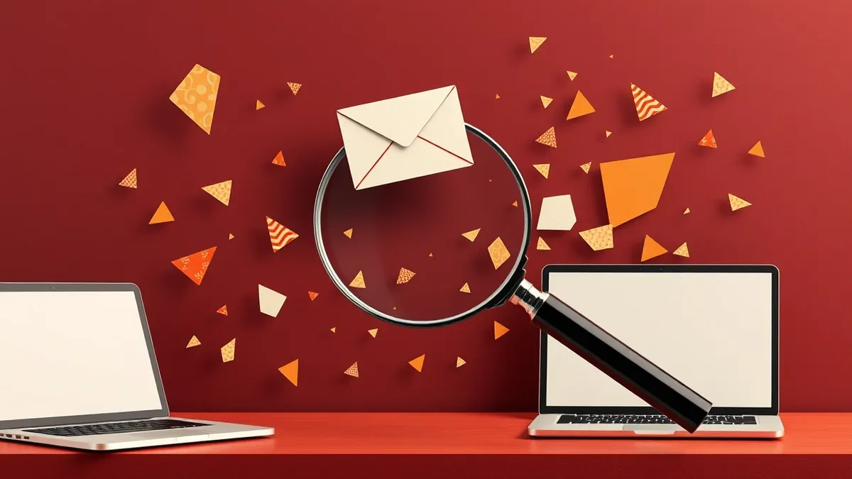 Illustration: A stylized digital magnifying glass hovers over a floating, translucent envelope icon.