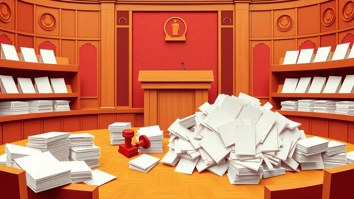 Illustration: A wooden parliamentary podium stands in an empty chamber, surrounded by scattered stacks of blank white paper documents.