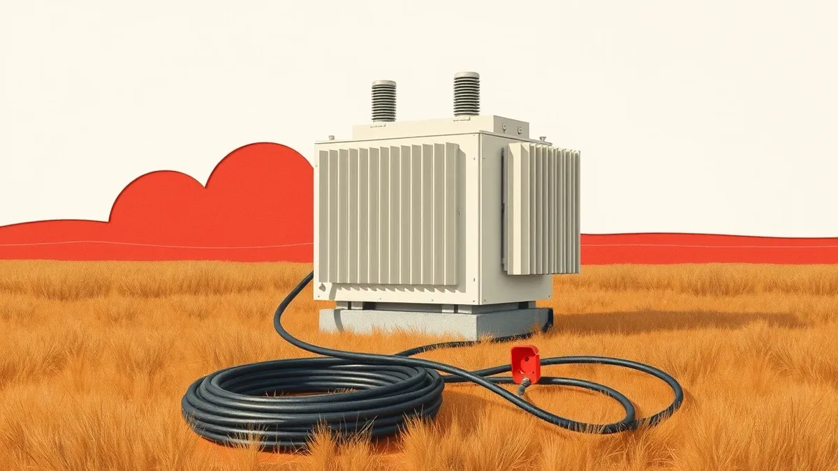 Illustration: A sleek white power transformer sits idle in a quiet industrial field under a grey sky.