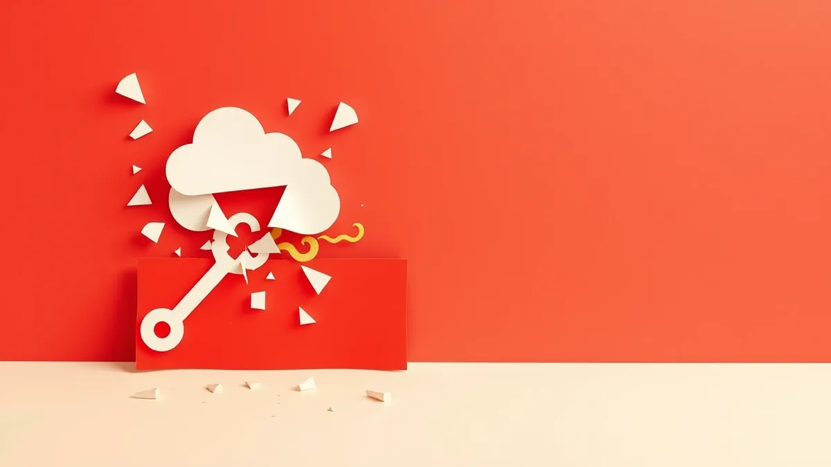 Illustration: A floating cloud icon fractures into jagged pieces as a digital key dissolves into smoke beside it.