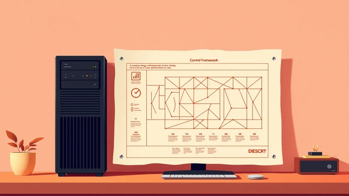 Illustration: A sleek black enterprise server stands beside a large white architectural blueprint on a clean desk.