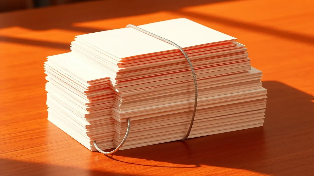 Illustration: A thick stack of blank white rectangular cards rests on a polished wooden desk.