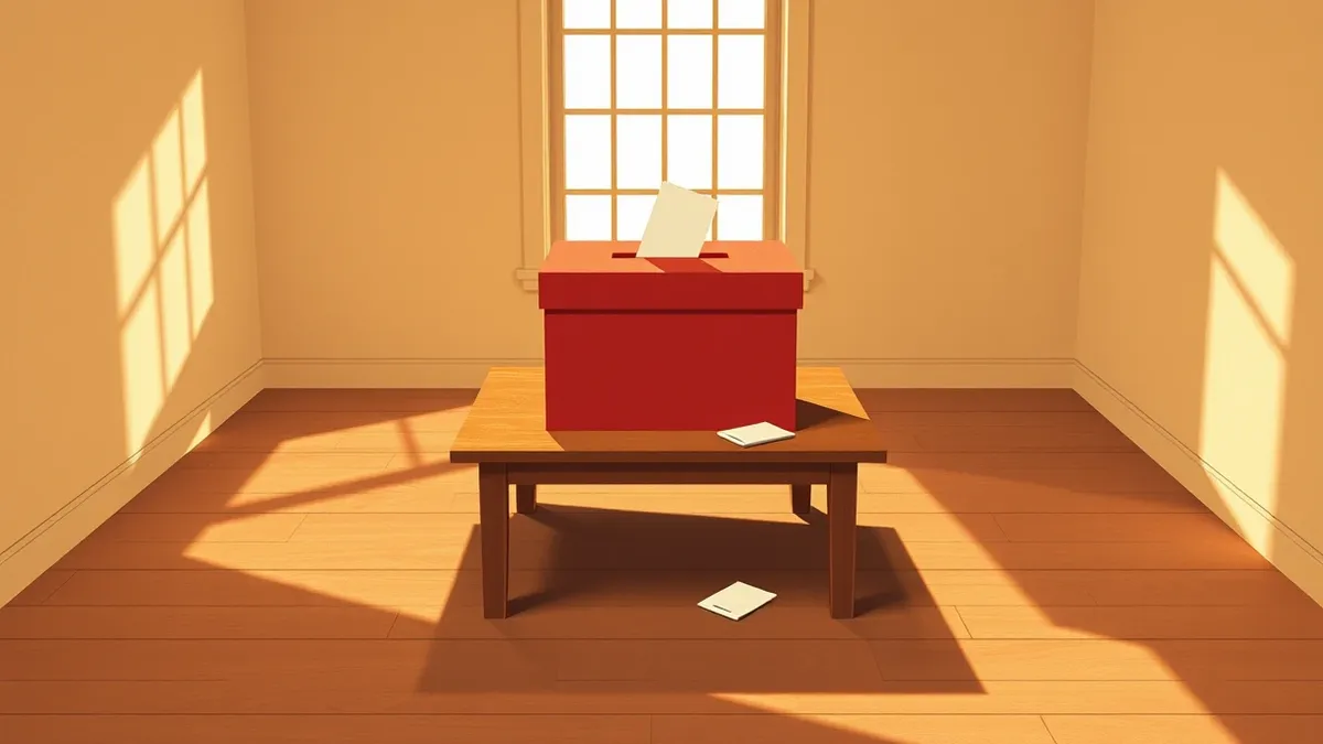 Illustration: A solitary ballot box sits on a wooden table in an empty room.