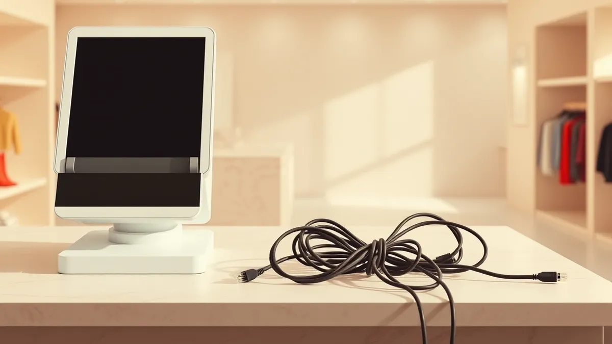 Illustration: A sleek white retail POS terminal sits alone on a marble counter, its screen dark and unresponsive.