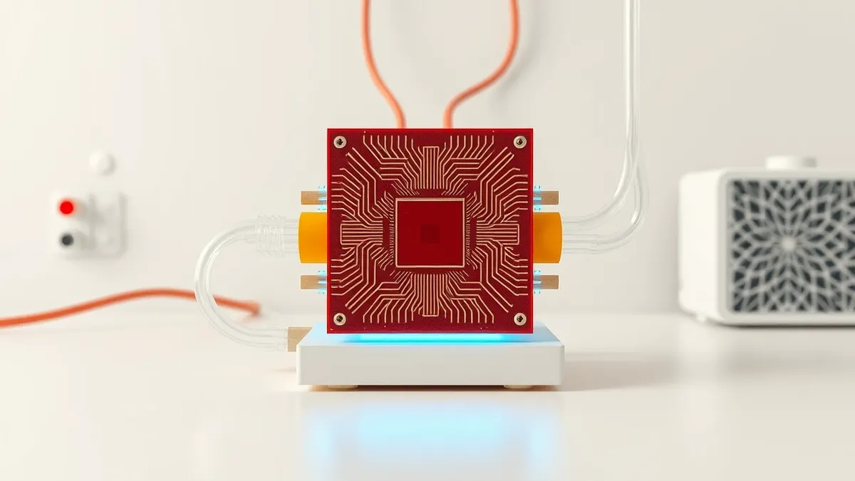 Illustration: A sleek custom silicon chip sits on a clean white workbench, connected by thin transparent tubes to a glowing cooling system.
