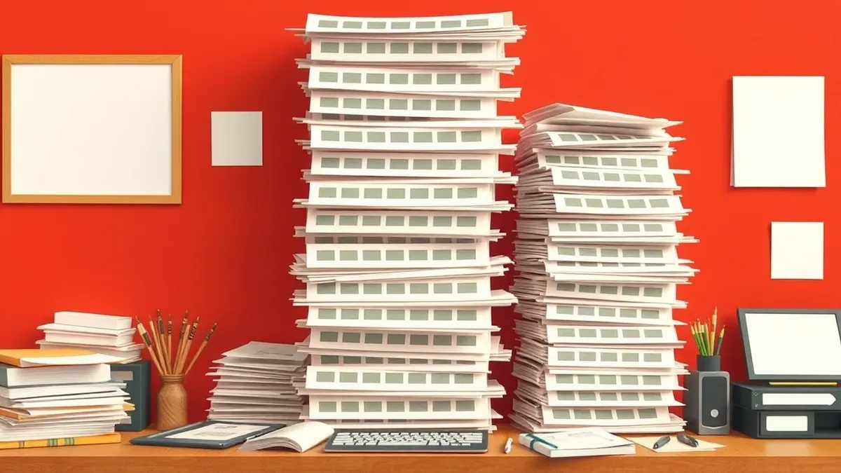 Illustration: A cluttered desk is buried under a towering stack of identical white papers.