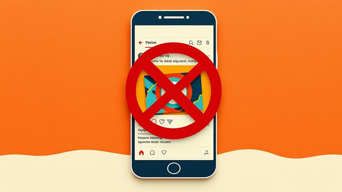Illustration: A smartphone screen displays a social media feed with a prominent red prohibition symbol overlaying a colorful, abstract video icon, visually representing the blocked