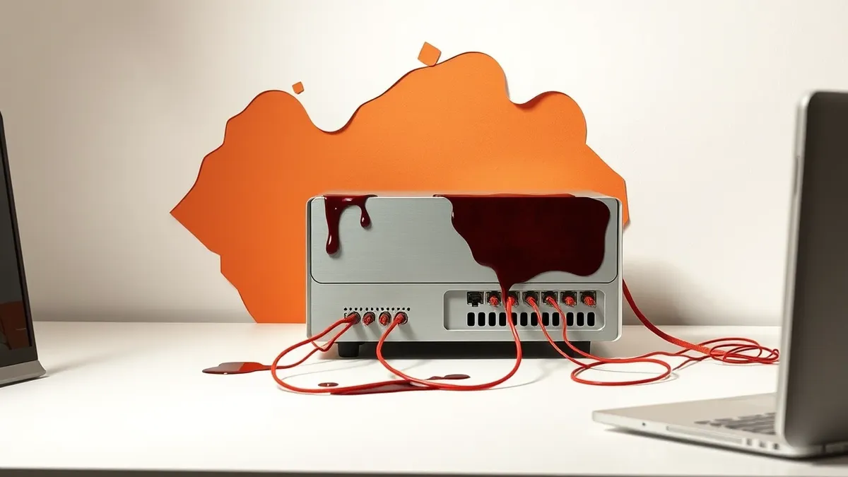 Illustration: A sleek server node sits isolated on a clean white desk, its surface marred by a creeping, dark organic stain that resembles wet ink spreading across the metal casing