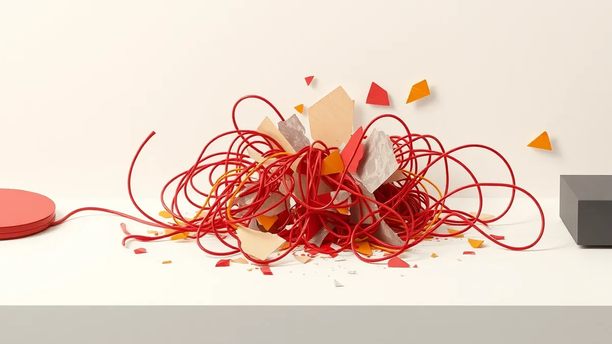 Illustration: A tangled mass of tangled wires and broken glass shards sits on a clean white desk.