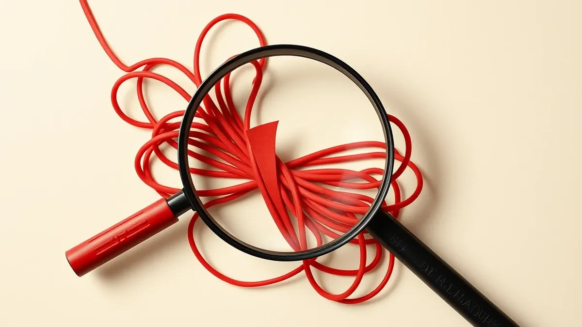 Illustration: A magnifying glass hovers over a tangled knot of red wires, highlighting a single, distinct jagged shape while leaving the surrounding smooth, uniform strands untouch