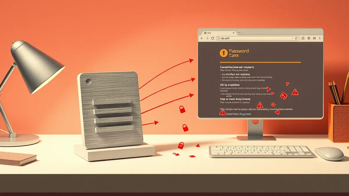 Illustration: A standalone silver password manager application sits securely on a clean desk, completely isolated from the surrounding environment.
