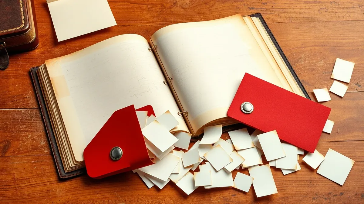 Illustration: A weathered leather-bound archive ledger lies open on a dusty oak desk, its pages blank and empty.