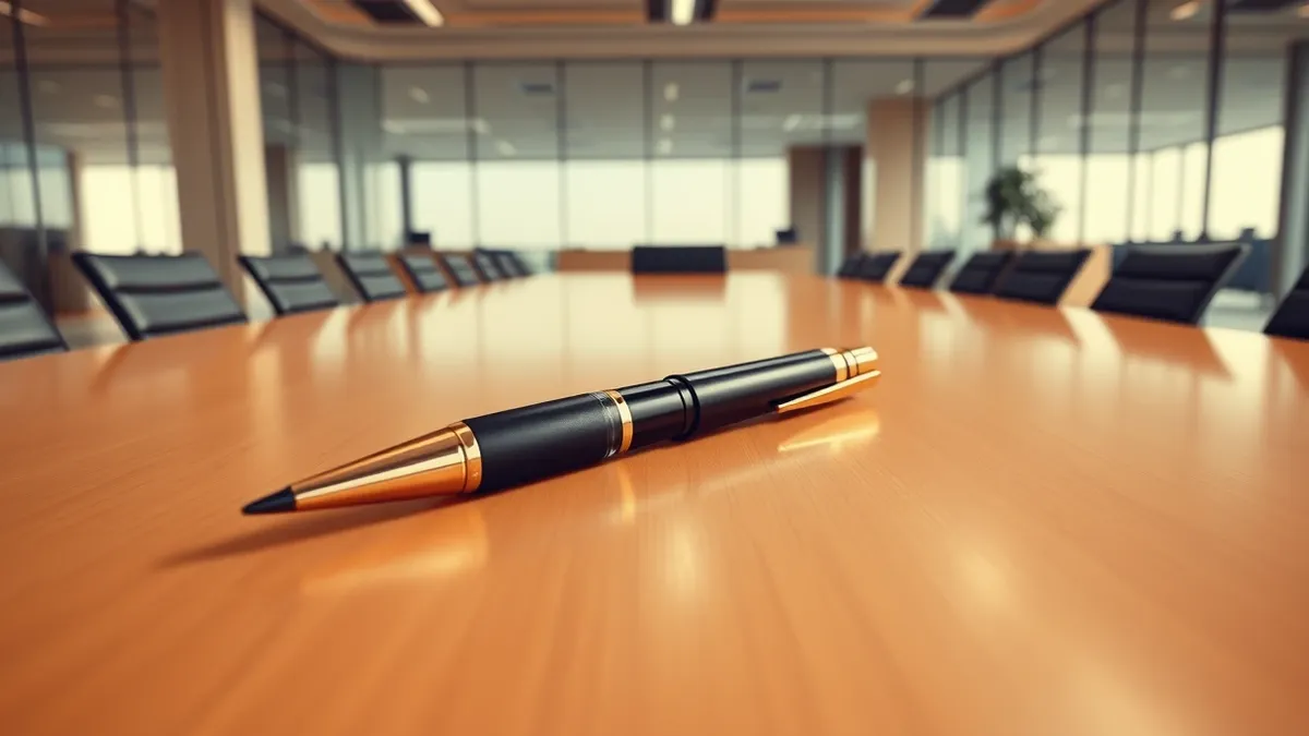 Illustration: A small black cylindrical recording device hides inside a hollowed-out pen on a sleek conference table in an empty office.