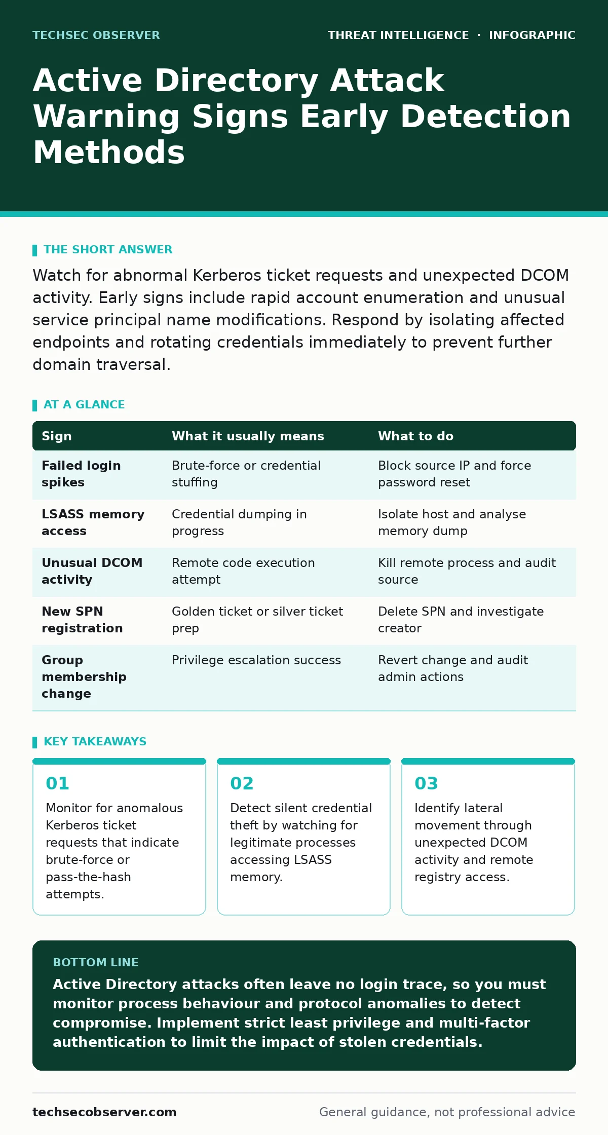 Infographic: Active Directory Attack Warning Signs Early Detection Methods. Monitor for anomalous Kerberos ticket requests that indicate brute-force or pass-the-hash attempts. Detect silent credential theft by watching for legitimate processes accessing LSASS memory. Identify lateral movement throug