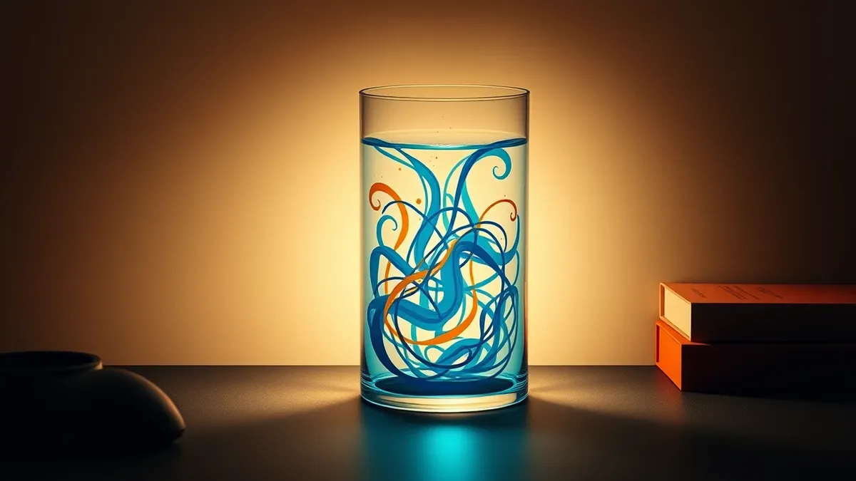 Illustration: A transparent glass cylinder sits on a dark desk, containing swirling blue liquid that forms abstract shapes resembling tangled threads.