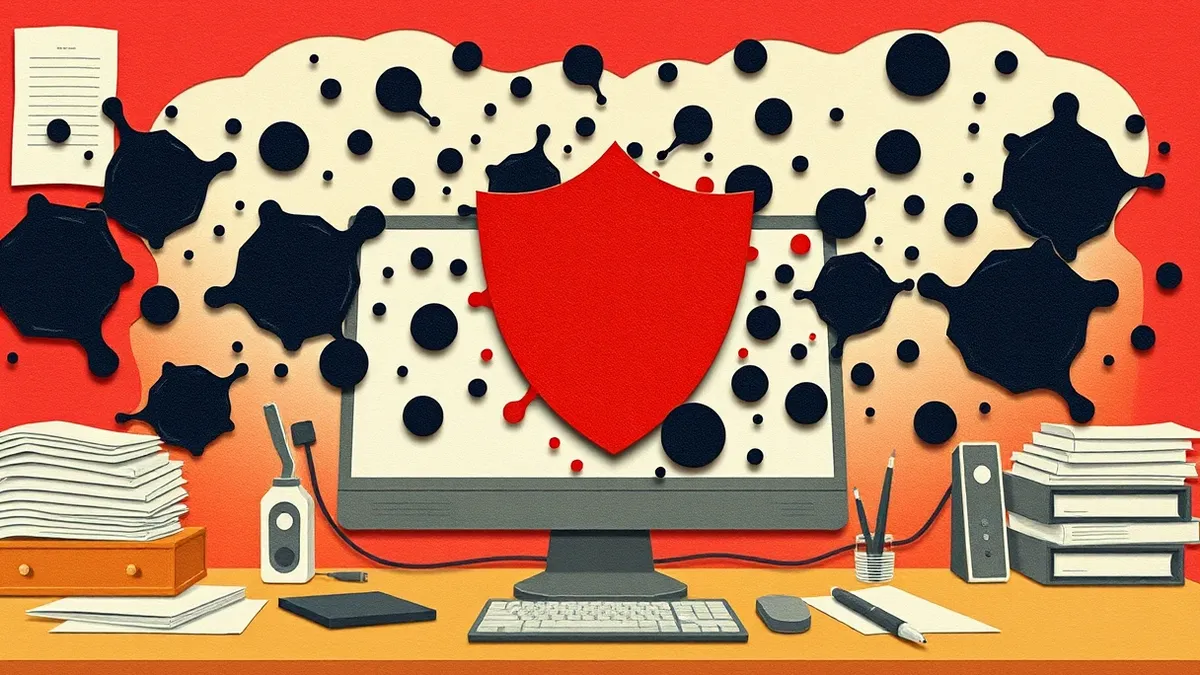 Illustration: A desktop computer sits on a cluttered wooden desk.