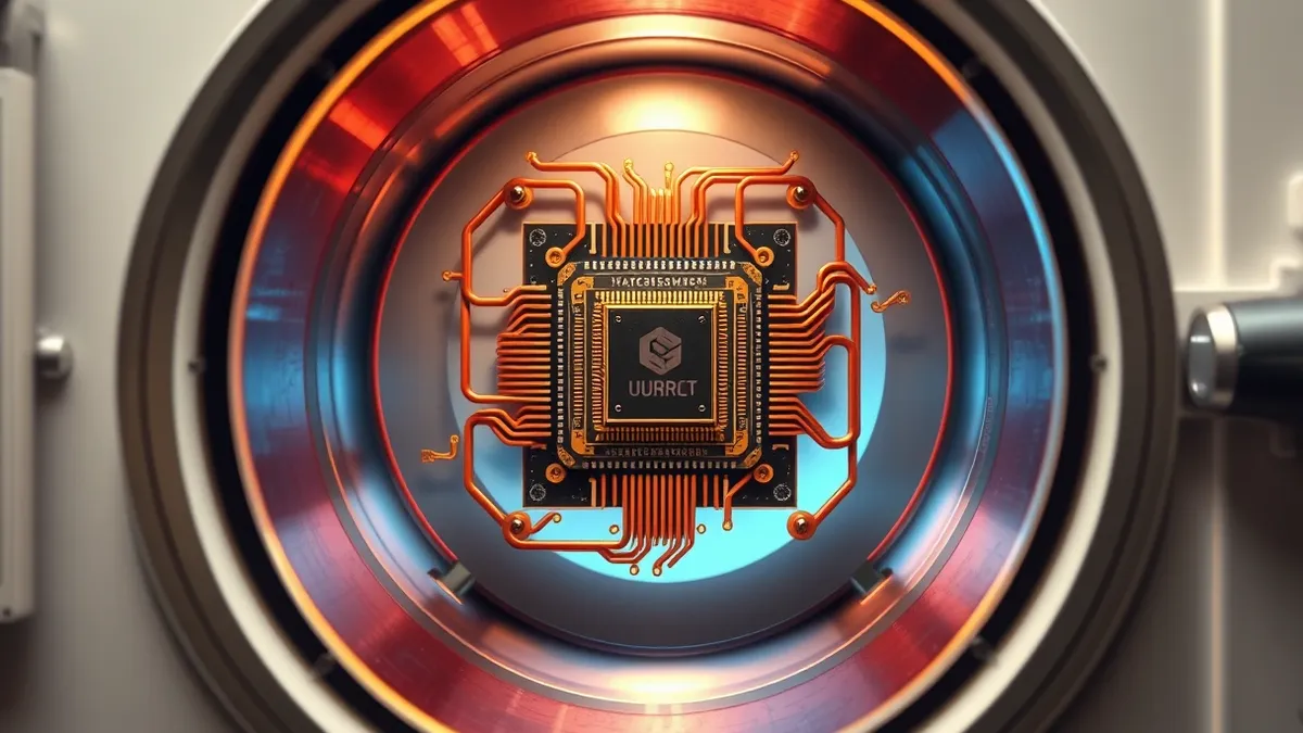 Illustration: A compact quantum processor chip rests inside a gleaming cylindrical cryostat.