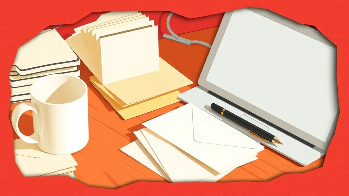 Illustration: A white coffee mug sits on a cluttered wooden desk next to a closed laptop and a stack of blank envelopes.