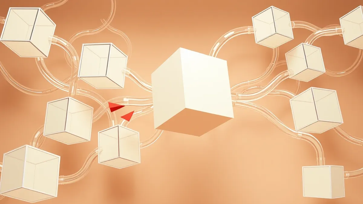 Illustration: A tangled web of translucent glass tubes connects various geometric storage blocks in mid-air.