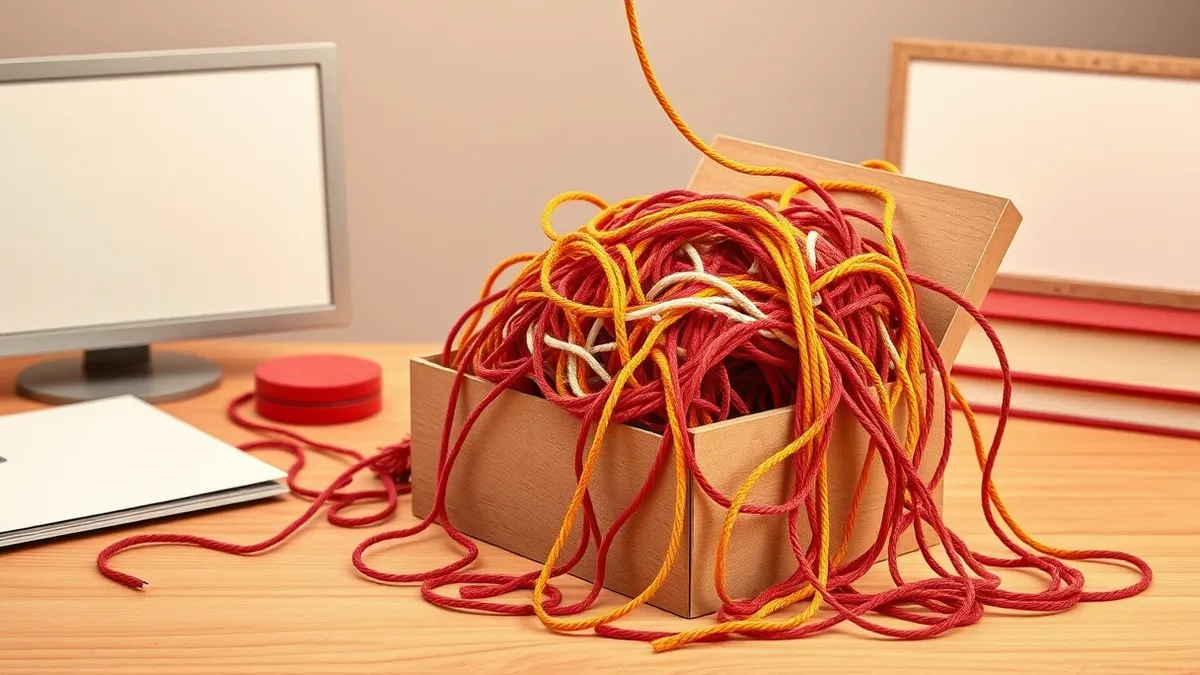 Illustration: A tangled nest of colorful yarn threads spills from an open wooden box onto a desk, with a few loose strands dangling precariously over the edge, representing the com