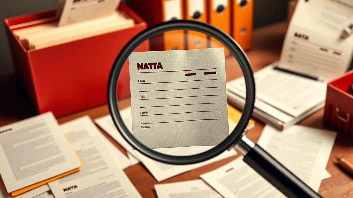 Illustration: A magnifying glass hovers over a desk scattered with generic document folders and file cards.