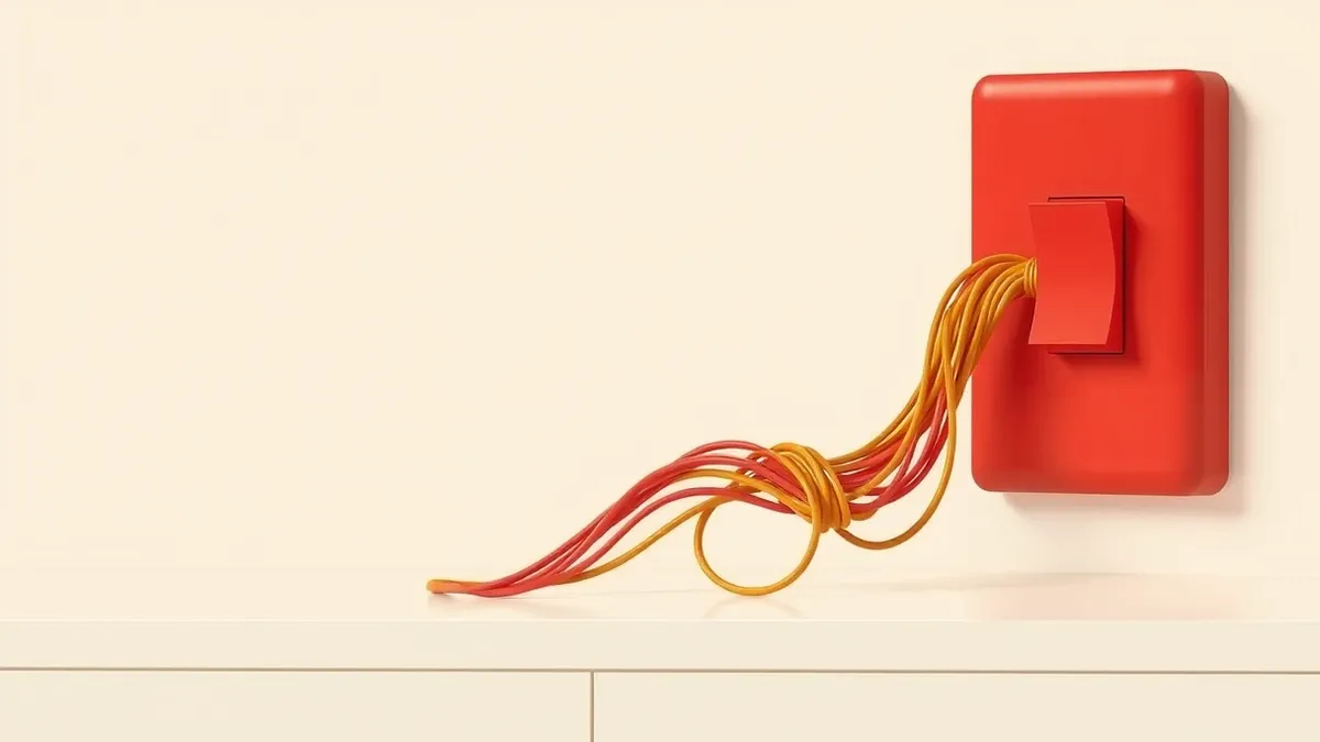 Illustration: A massive red switch stands upright on a plain white console, completely disconnecting a thick bundle of tangled cables.