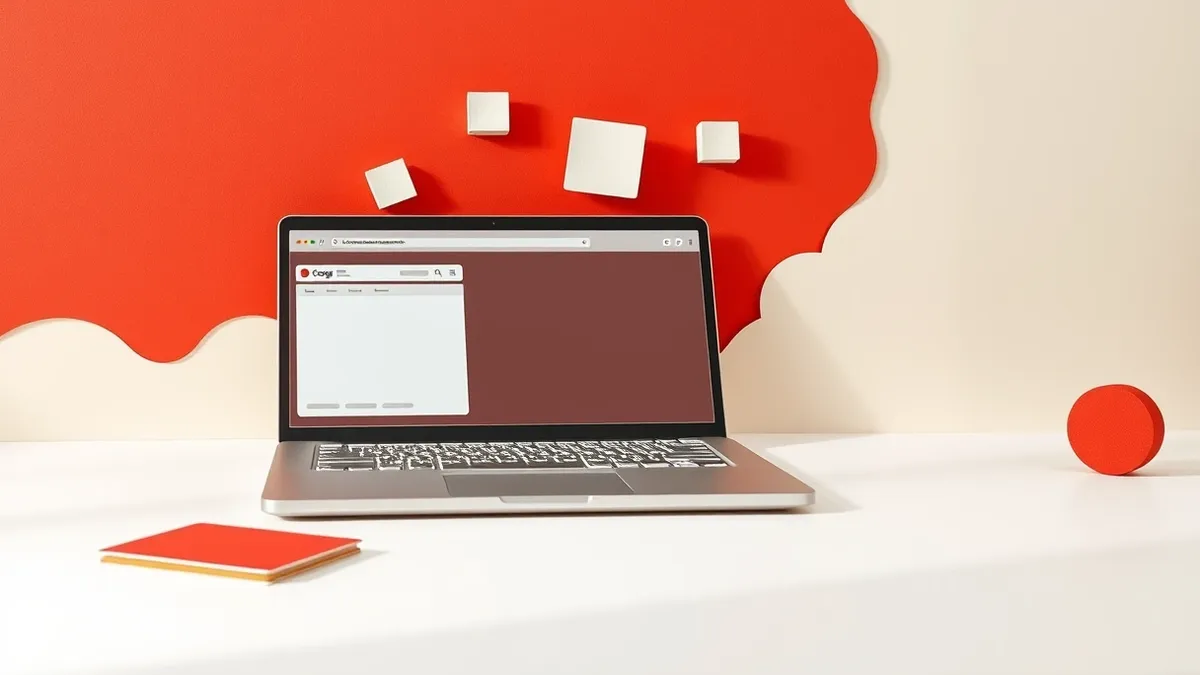 Illustration: A sleek silver laptop sits open on a clean white desk, displaying blank browser windows that pulse with subtle geometric patterns.