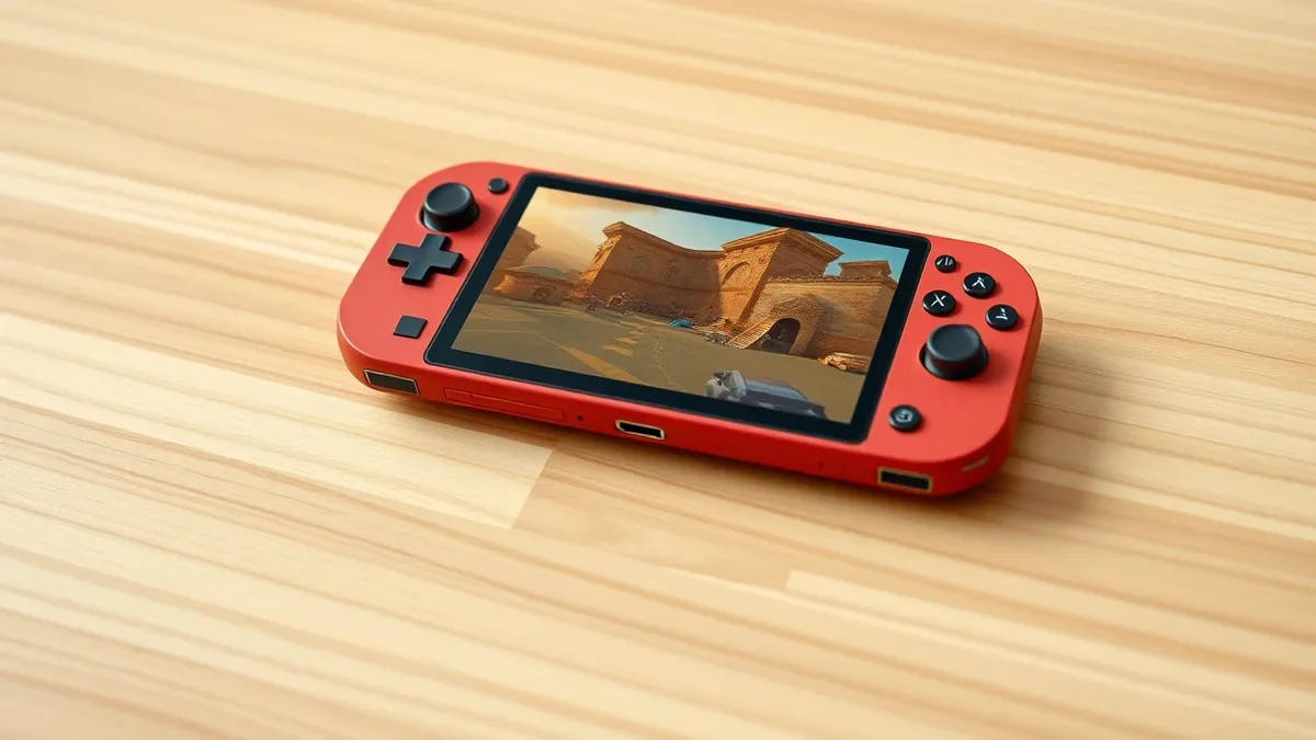 Illustration: A compact Android handheld gaming device rests on a smooth wooden surface, its vibrant screen displaying high-fidelity 3D graphics with detailed textures and dynamic