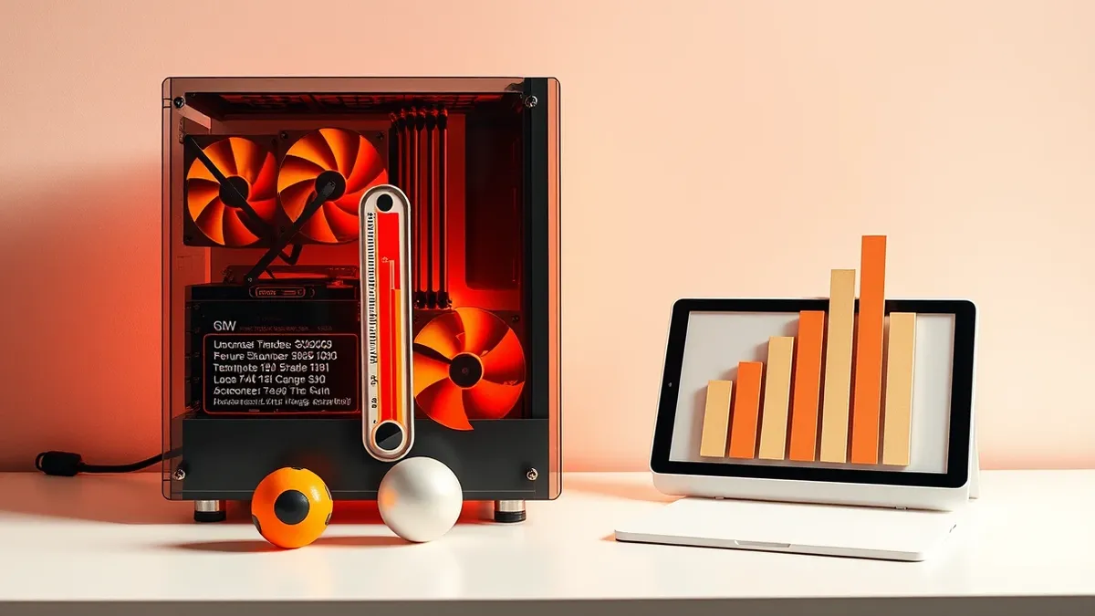 Illustration: A transparent computer tower sits on a clean desk, its internal fans spinning rapidly with visible motion blur.