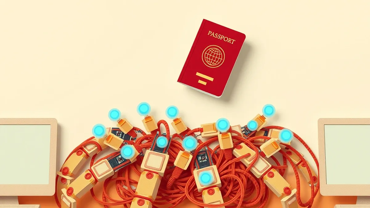 Illustration: A sleek digital passport hovers above a tangled nest of robotic arms, emitting a glowing seal of approval.