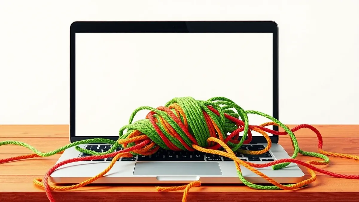 Illustration: A tangled knot of vibrant green yarn threads wraps tightly around a sleek silver laptop.