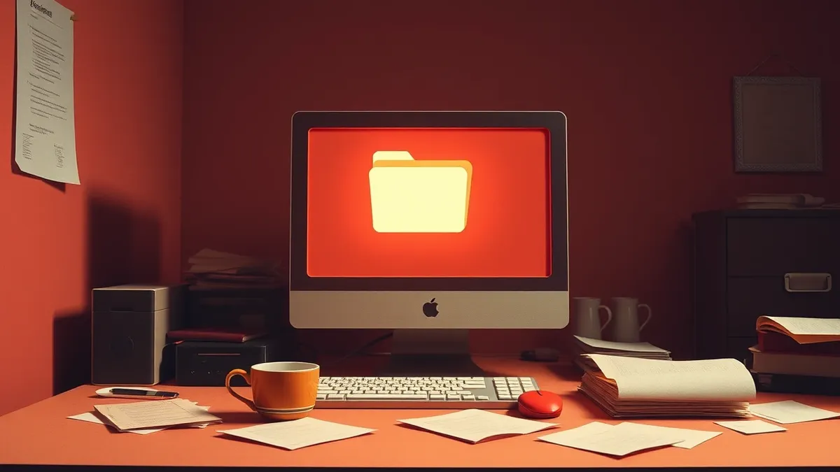 Illustration: A solitary computer terminal sits on a cluttered office desk, bathed in dim ambient light.