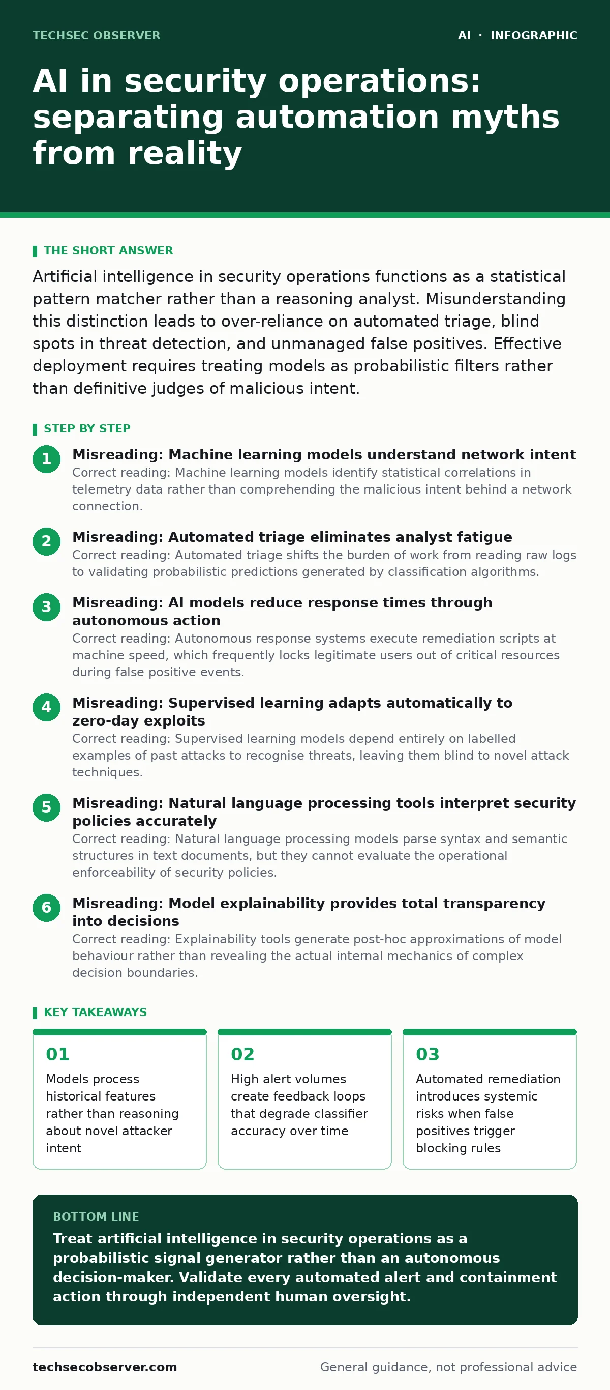 Infographic: AI in security operations: separating automation myths from reality. Models process historical features rather than reasoning about novel attacker intent High alert volumes create feedback loops that degrade classifier accuracy over time Automated remediation introduces systemic risks w