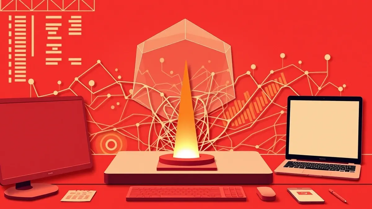 Illustration: A sleek security operations console displays a single glowing alert bubble emerging from a dense tangle of abstract data lines.