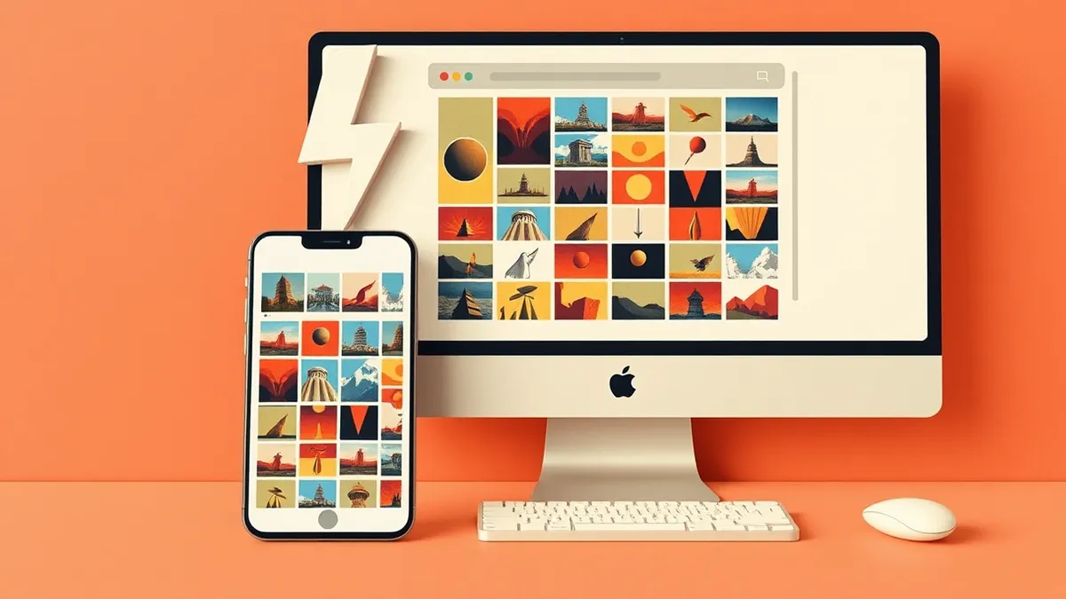 Illustration: A modern smartphone rests beside a desktop computer monitor displaying a grid of colorful abstract thumbnails.