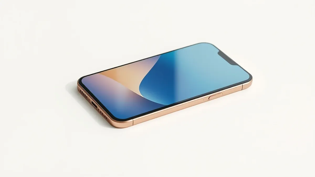 Illustration: A slim smartphone rests on a matte white surface, its screen displaying soft, abstract blue gradients.