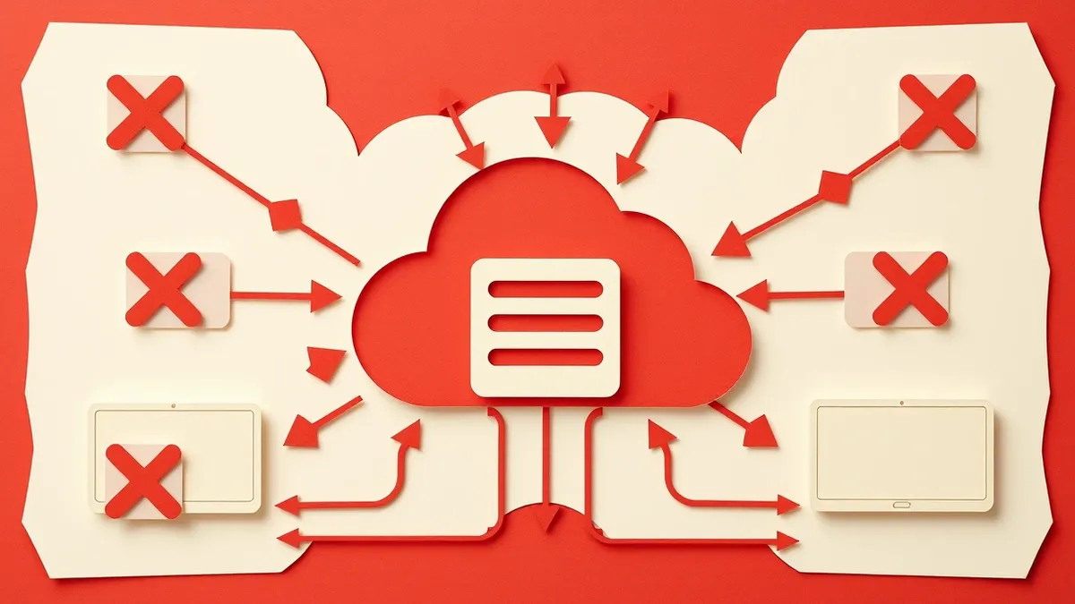 Illustration: A stylized cloud infrastructure diagram features a central server node surrounded by thick, red blocked arrows.