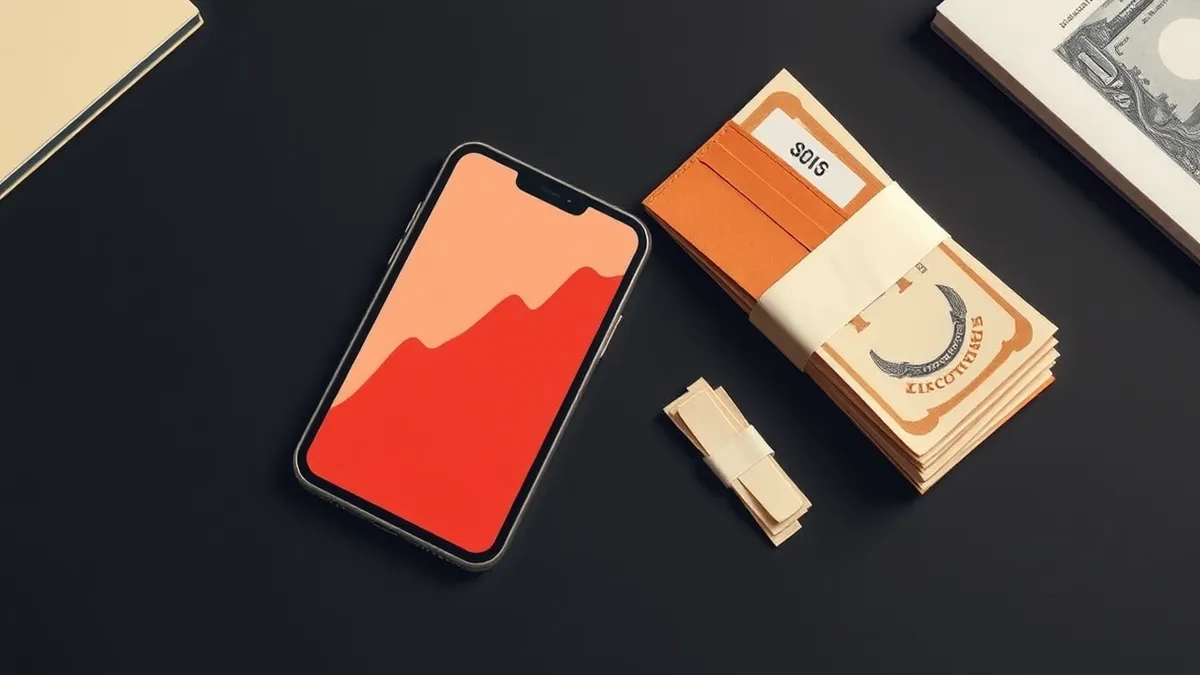 Illustration: A solitary smartphone rests on a dark table, its screen displaying a steep red chart plunging sharply downward.