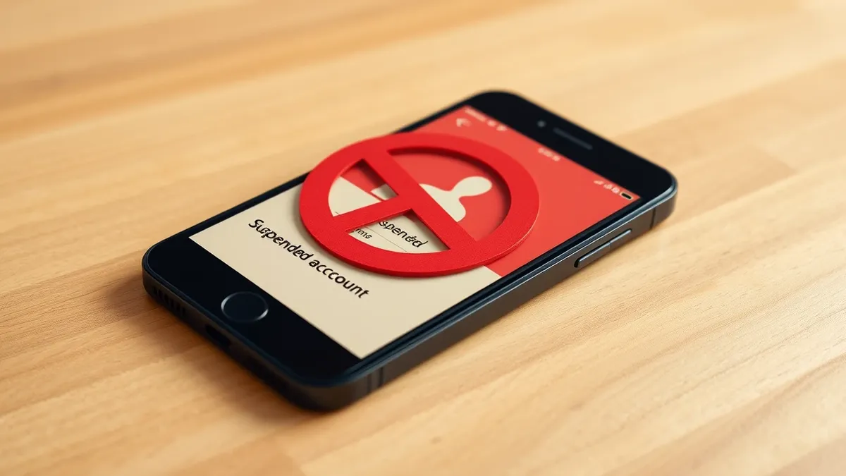 Illustration: A sleek black smartphone rests on a wooden surface, its screen displaying a blank social media interface with a red prohibition symbol overlaying a generic profile ic
